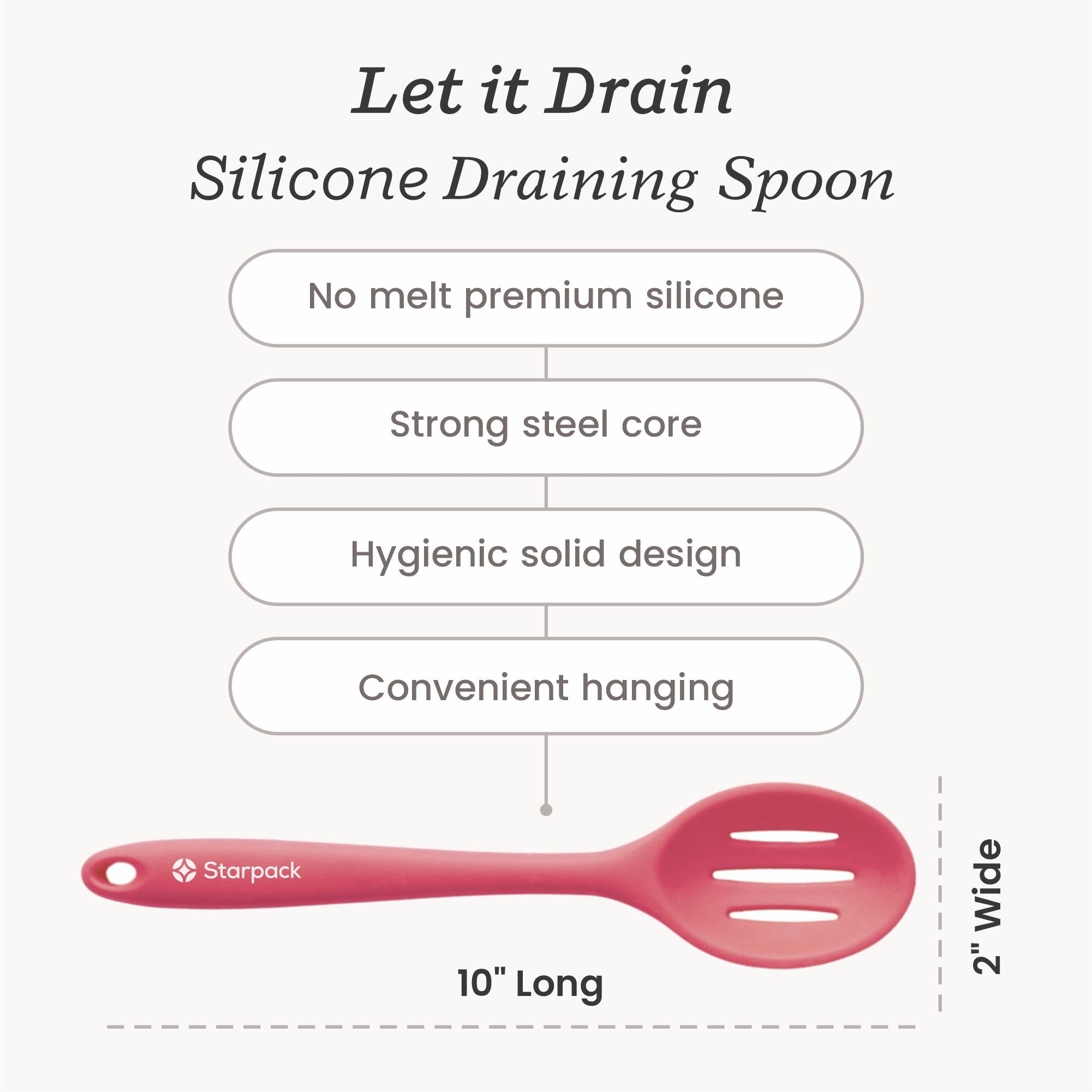 Starpack silicone slotted spoon with a perforated head for draining and a sturdy handle, ideal for serving and cooking.