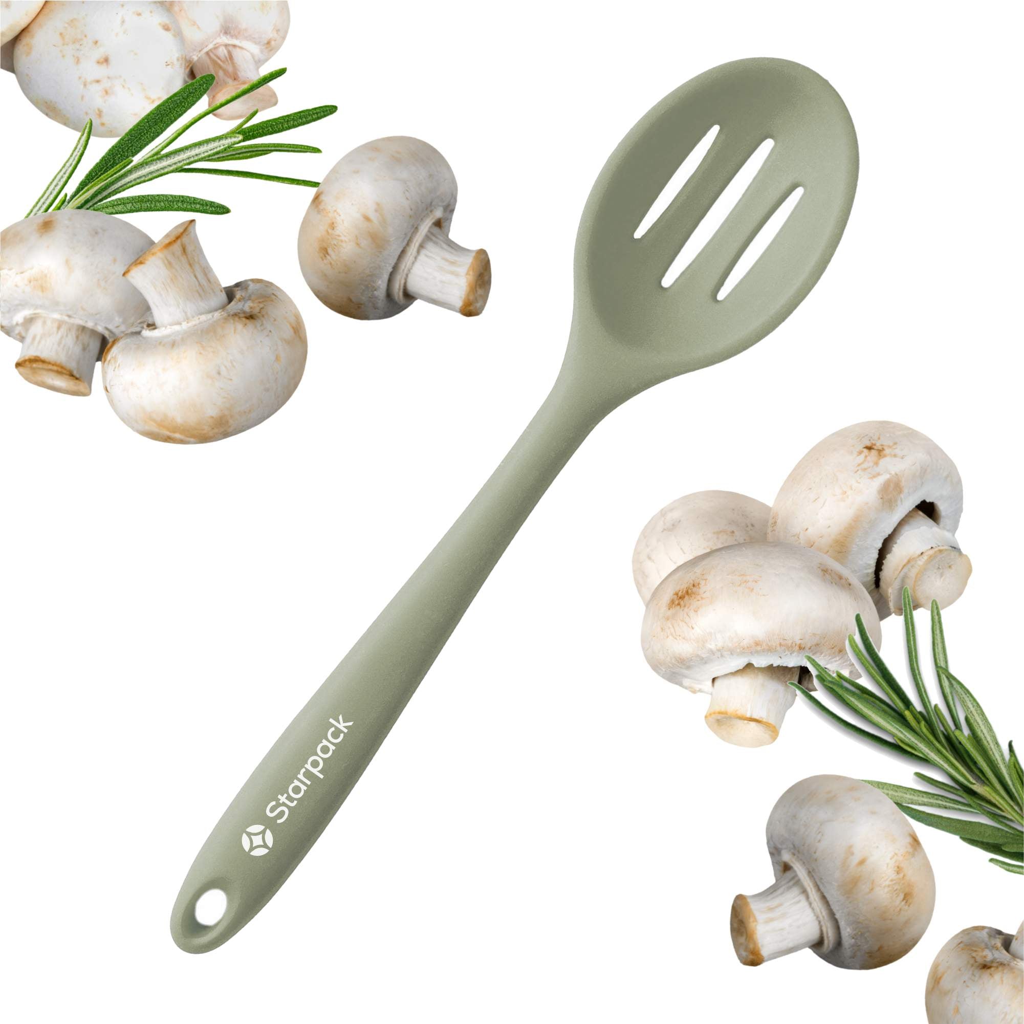 Starpack silicone slotted spoon with a perforated head for draining and a sturdy handle, ideal for serving and cooking.