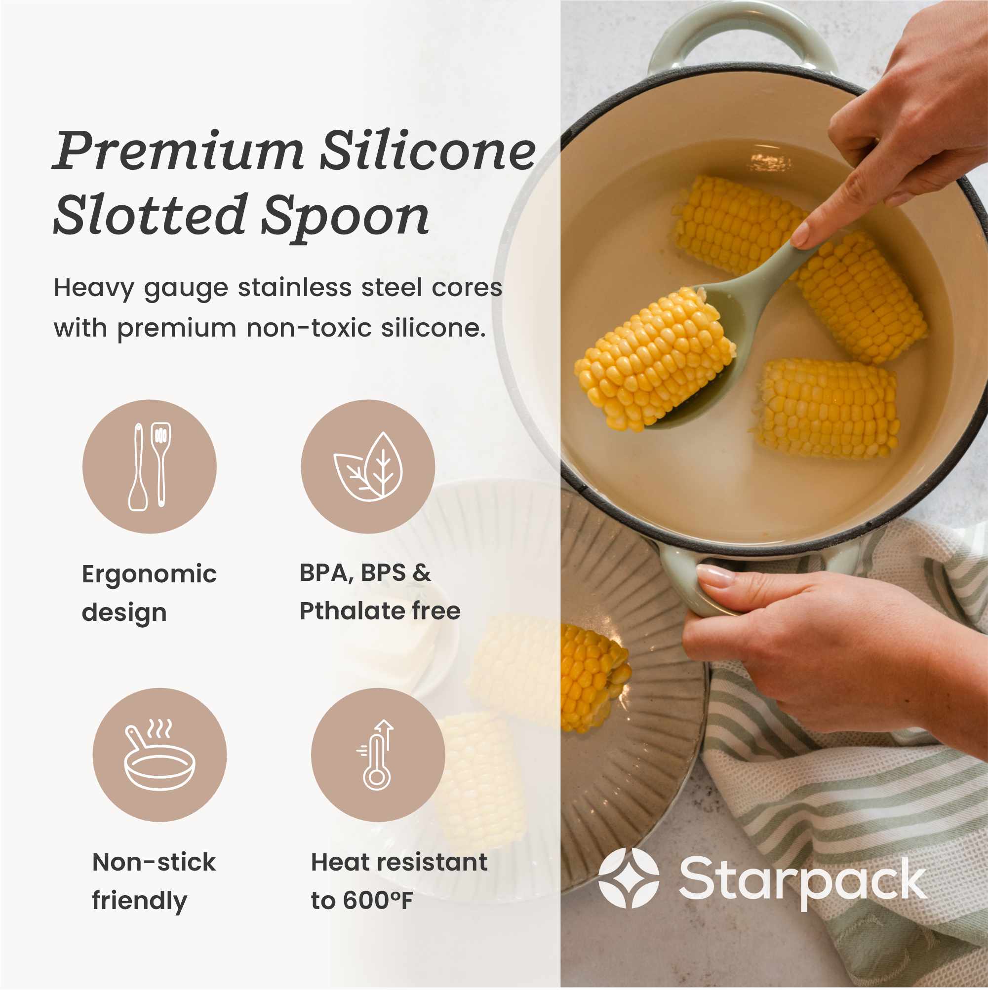 Starpack silicone slotted spoon with a perforated head for draining and a sturdy handle, ideal for serving and cooking.