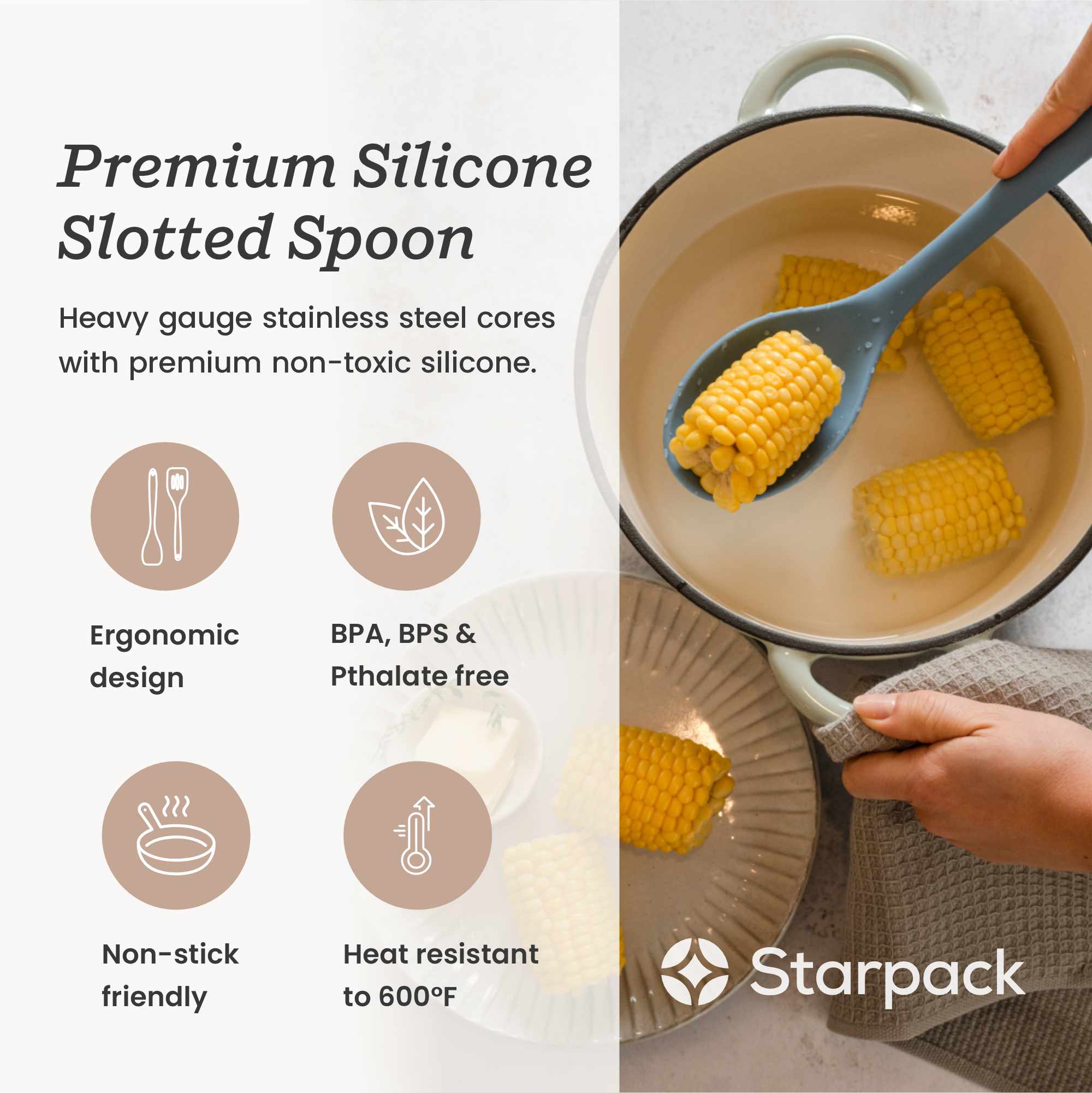 Starpack silicone slotted spoon with a perforated head for draining and a sturdy handle, ideal for serving and cooking.