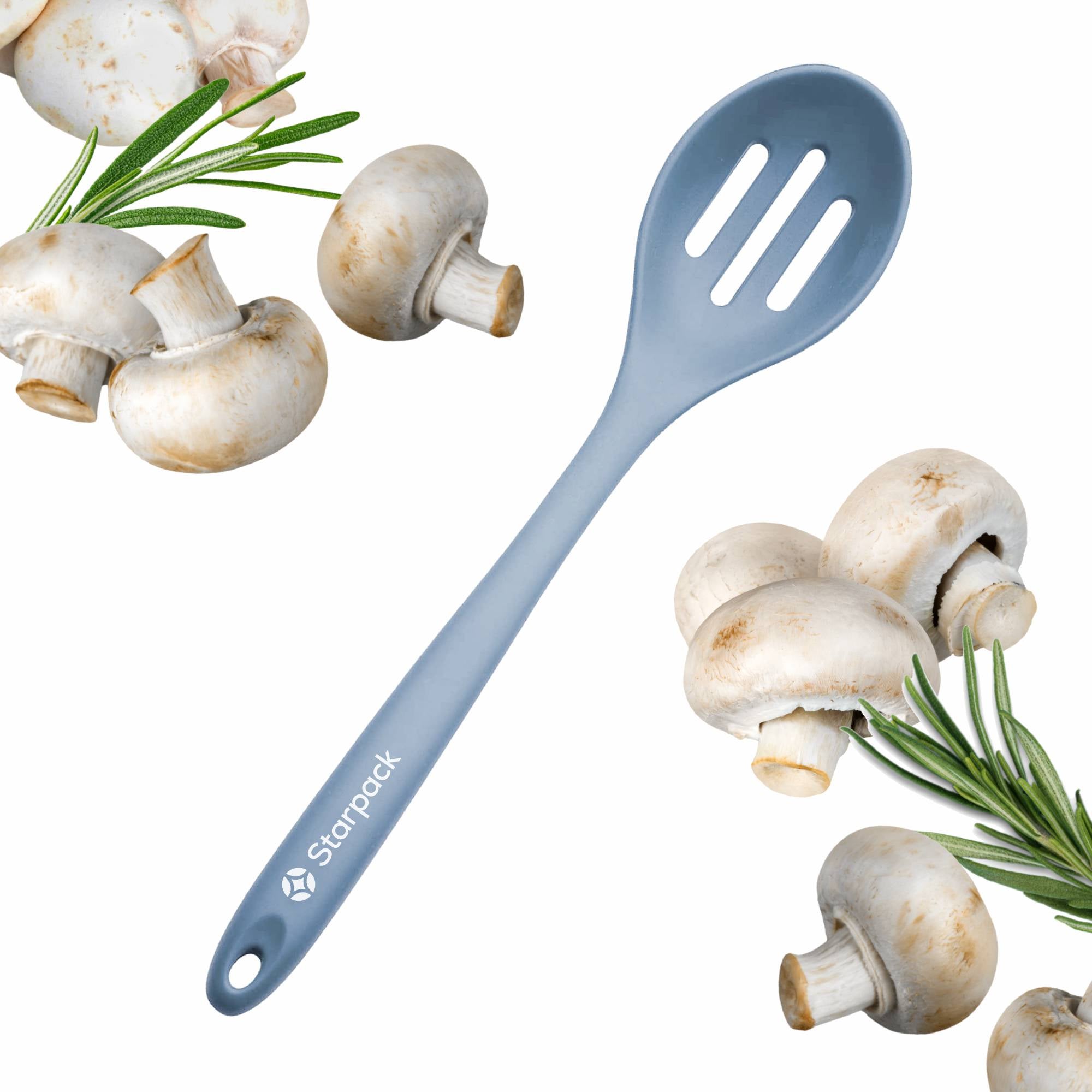 Starpack silicone slotted spoon with a perforated head for draining and a sturdy handle, ideal for serving and cooking.