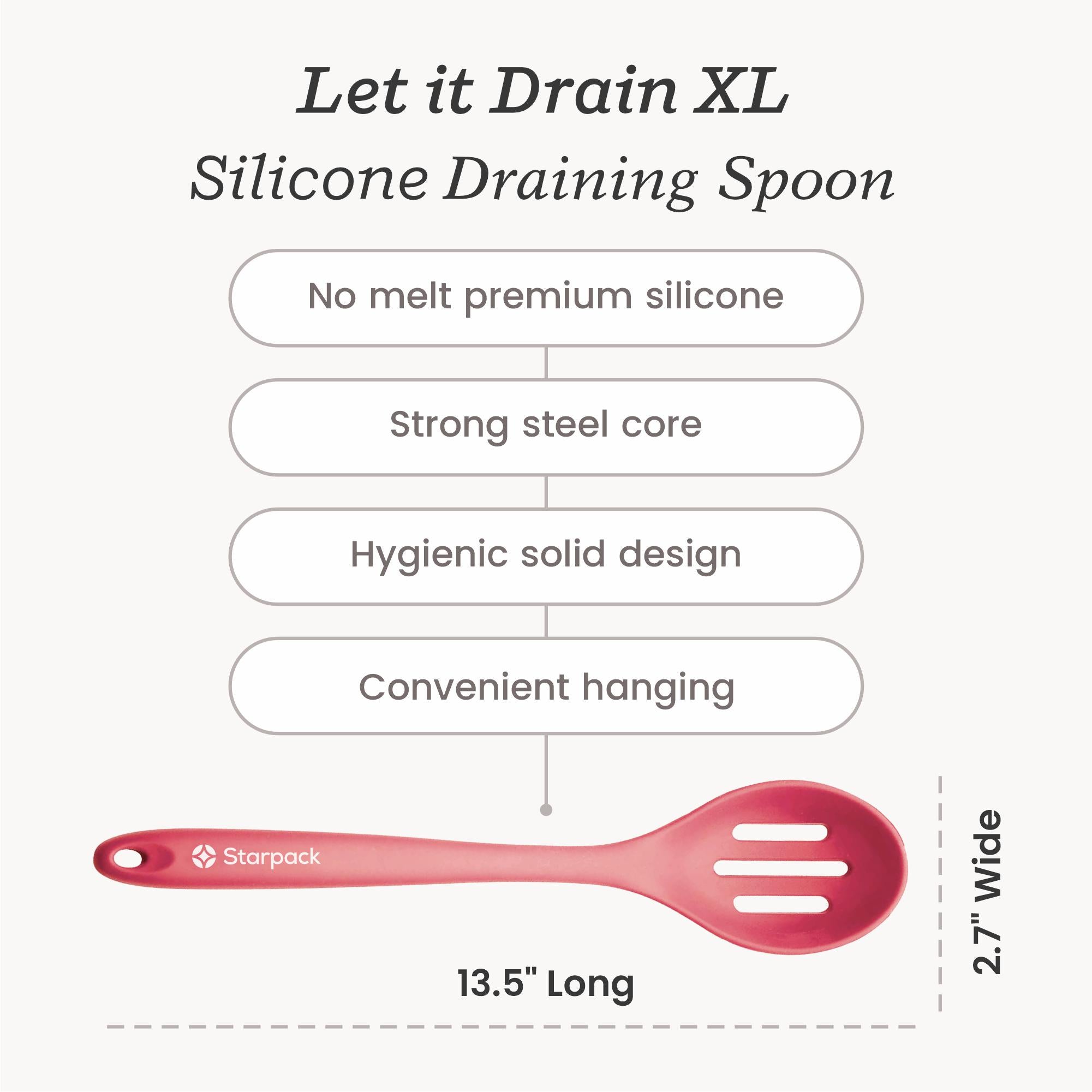 Starpack silicone slotted spoon with a perforated head for draining and a sturdy handle, ideal for serving and cooking.