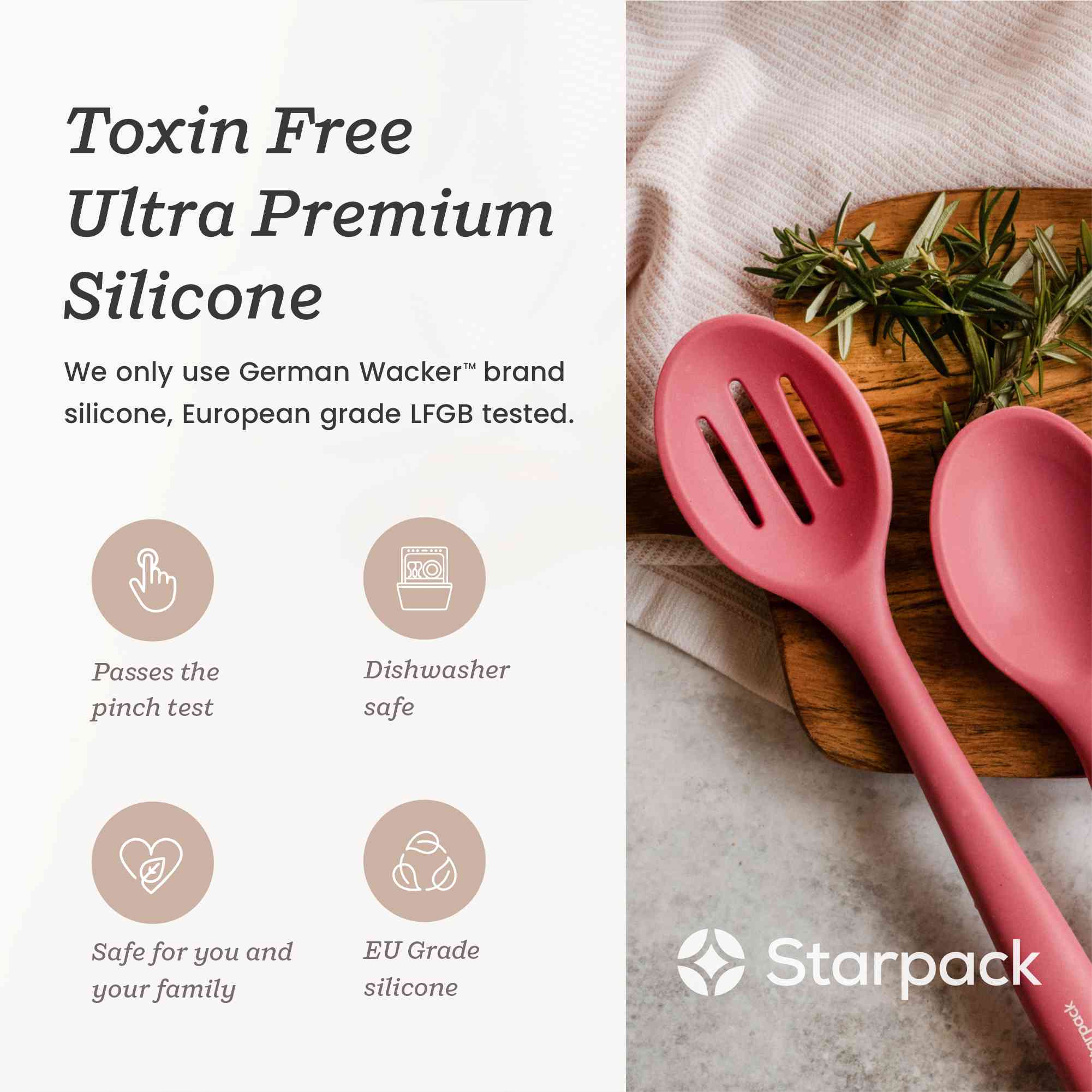 Starpack silicone slotted spoon with a perforated head for draining and a sturdy handle, ideal for serving and cooking.