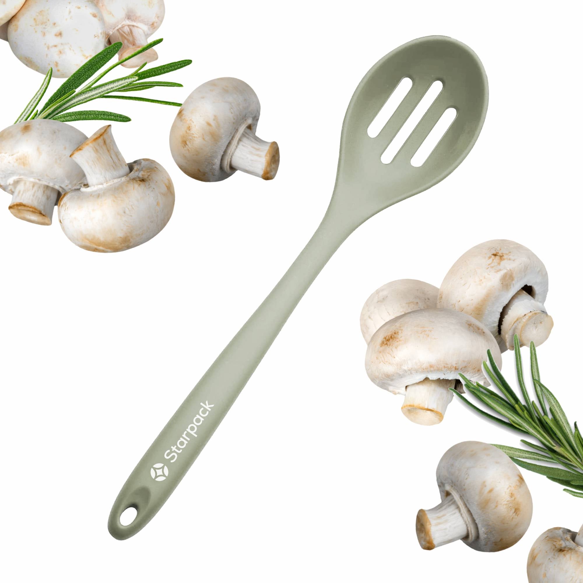 Starpack silicone slotted spoon with a perforated head for draining and a sturdy handle, ideal for serving and cooking.