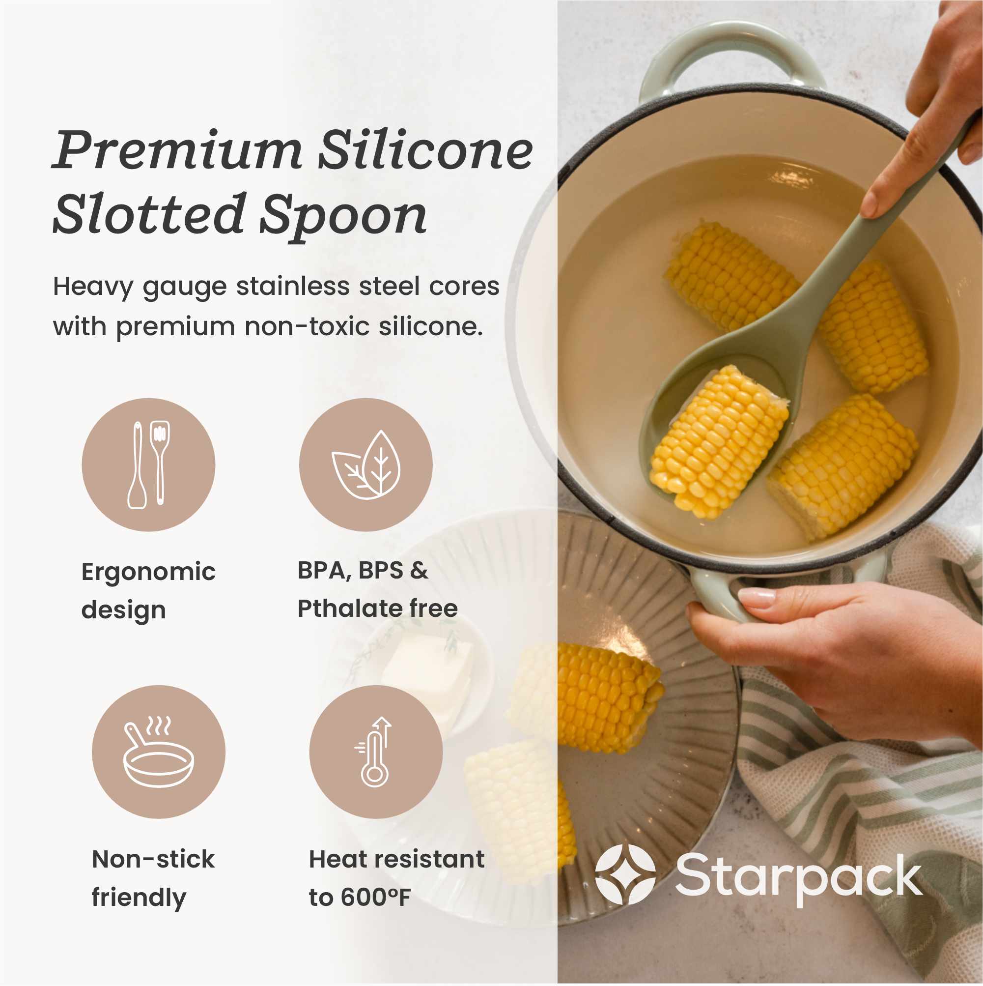 Starpack silicone slotted spoon with a perforated head for draining and a sturdy handle, ideal for serving and cooking.