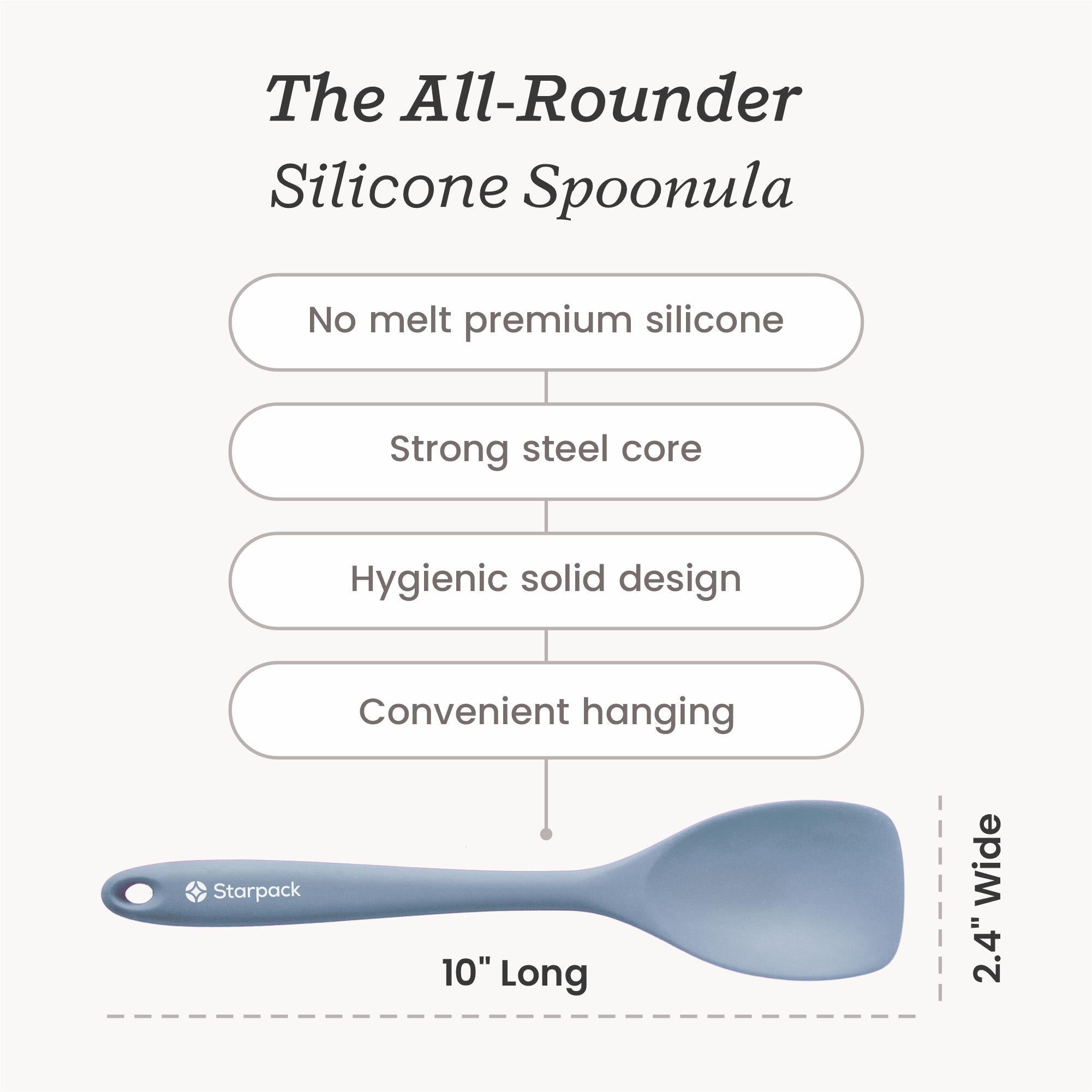 Starpack extra-large silicone spoonula with a flexible, non-stick head, combining the functions of a spoon and spatula, ideal for mixing and scooping.