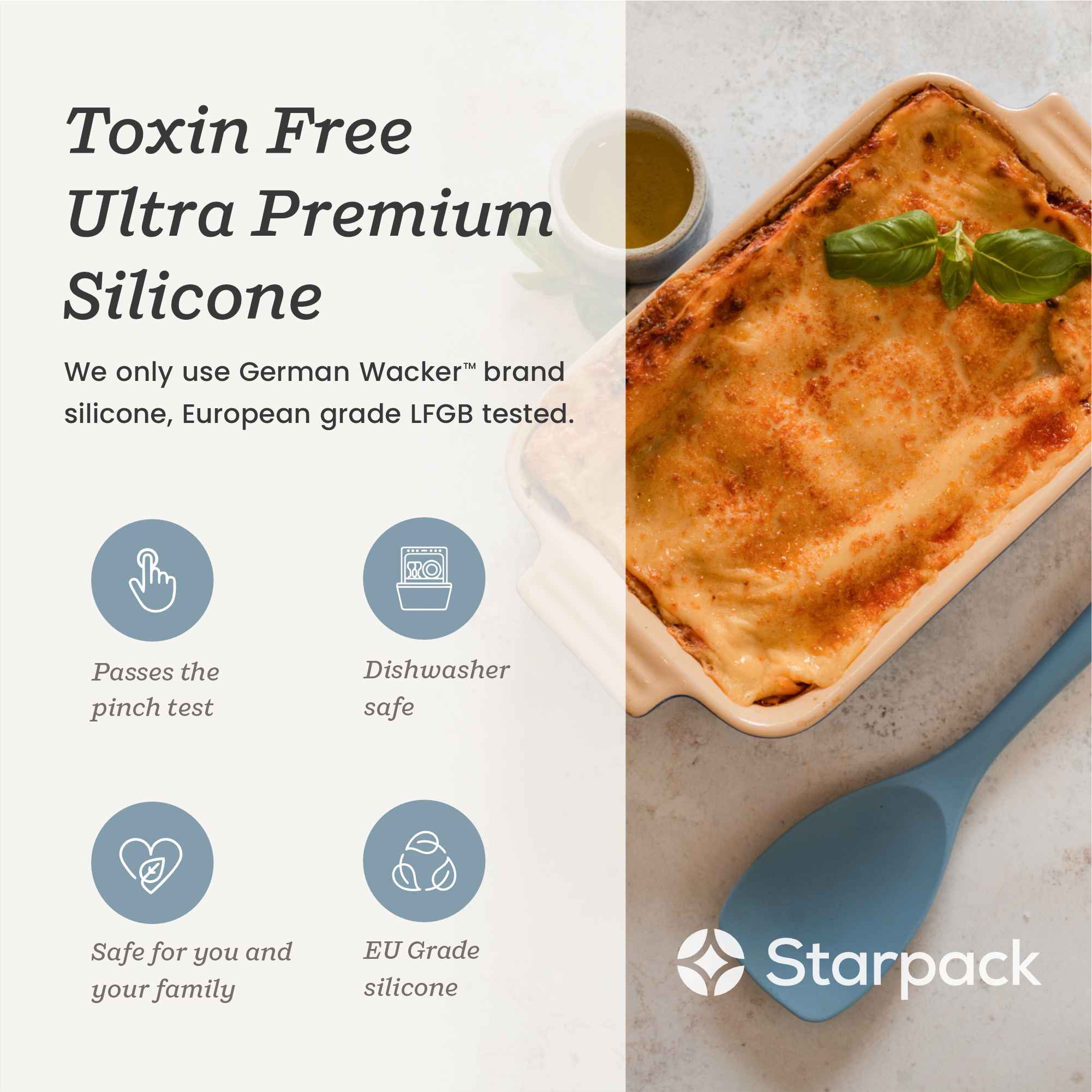 Starpack extra-large silicone spoonula with a flexible, non-stick head, combining the functions of a spoon and spatula, ideal for mixing and scooping.