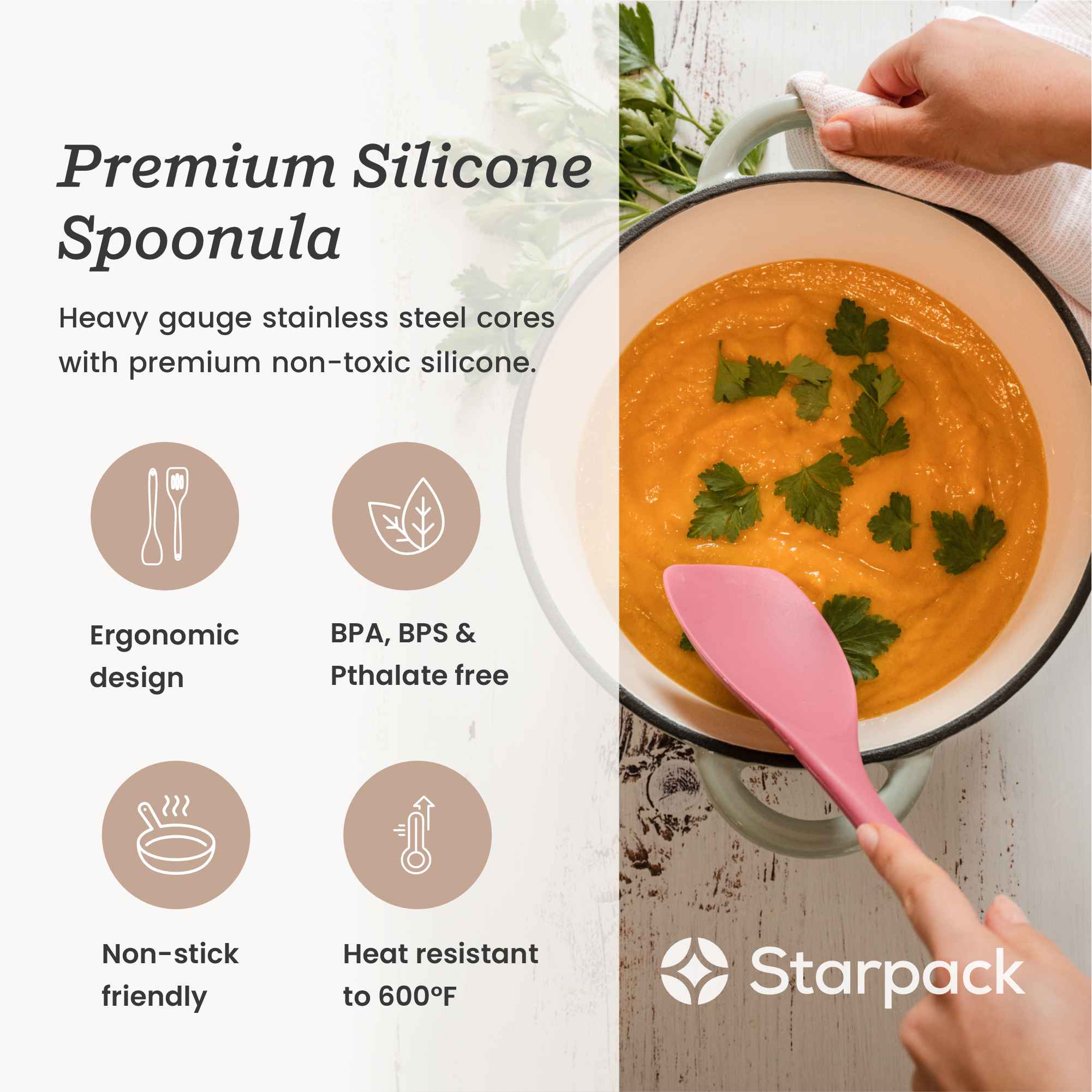 Starpack extra-large silicone spoonula with a flexible, non-stick head, combining the functions of a spoon and spatula, ideal for mixing and scooping.