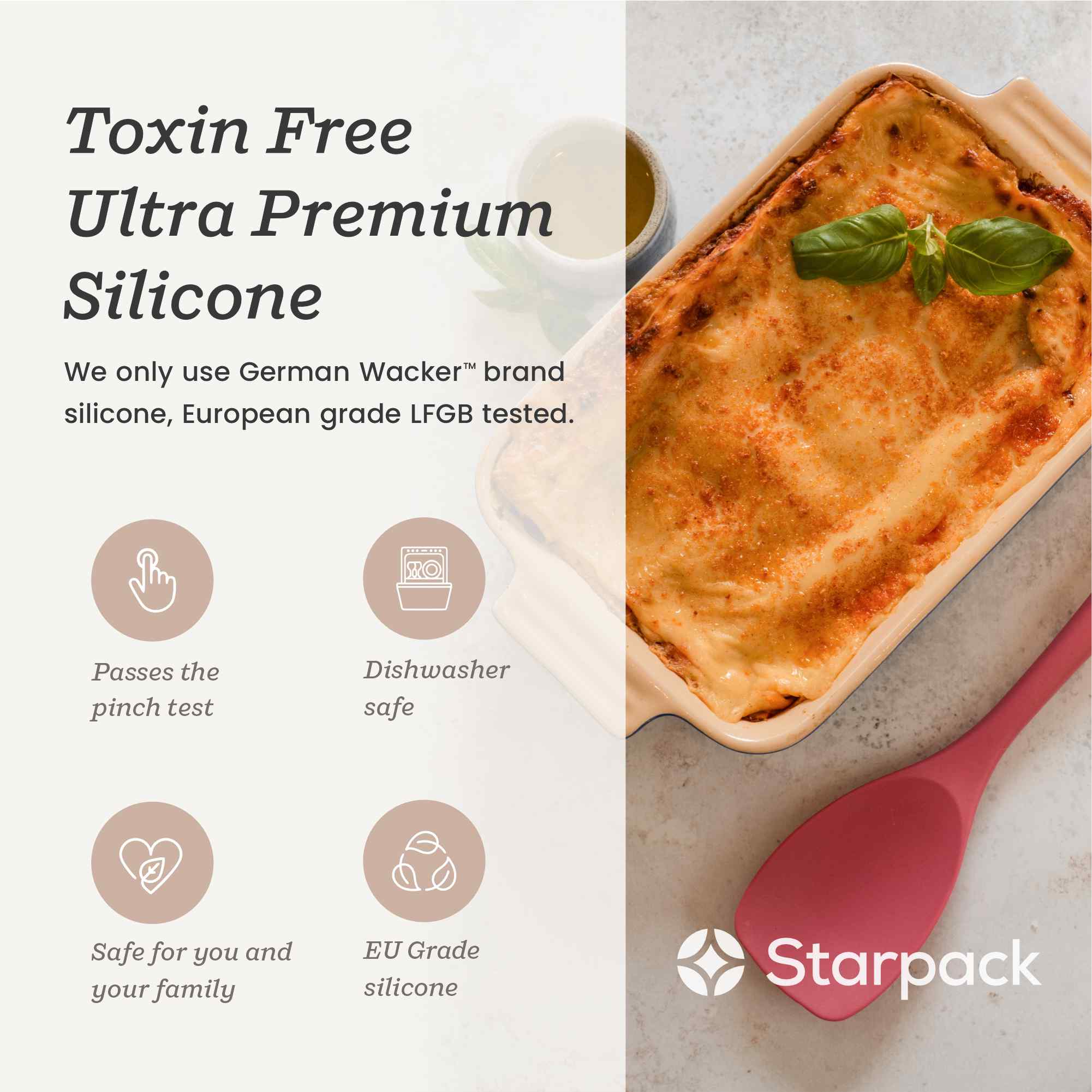 Starpack extra-large silicone spoonula with a flexible, non-stick head, combining the functions of a spoon and spatula, ideal for mixing and scooping.