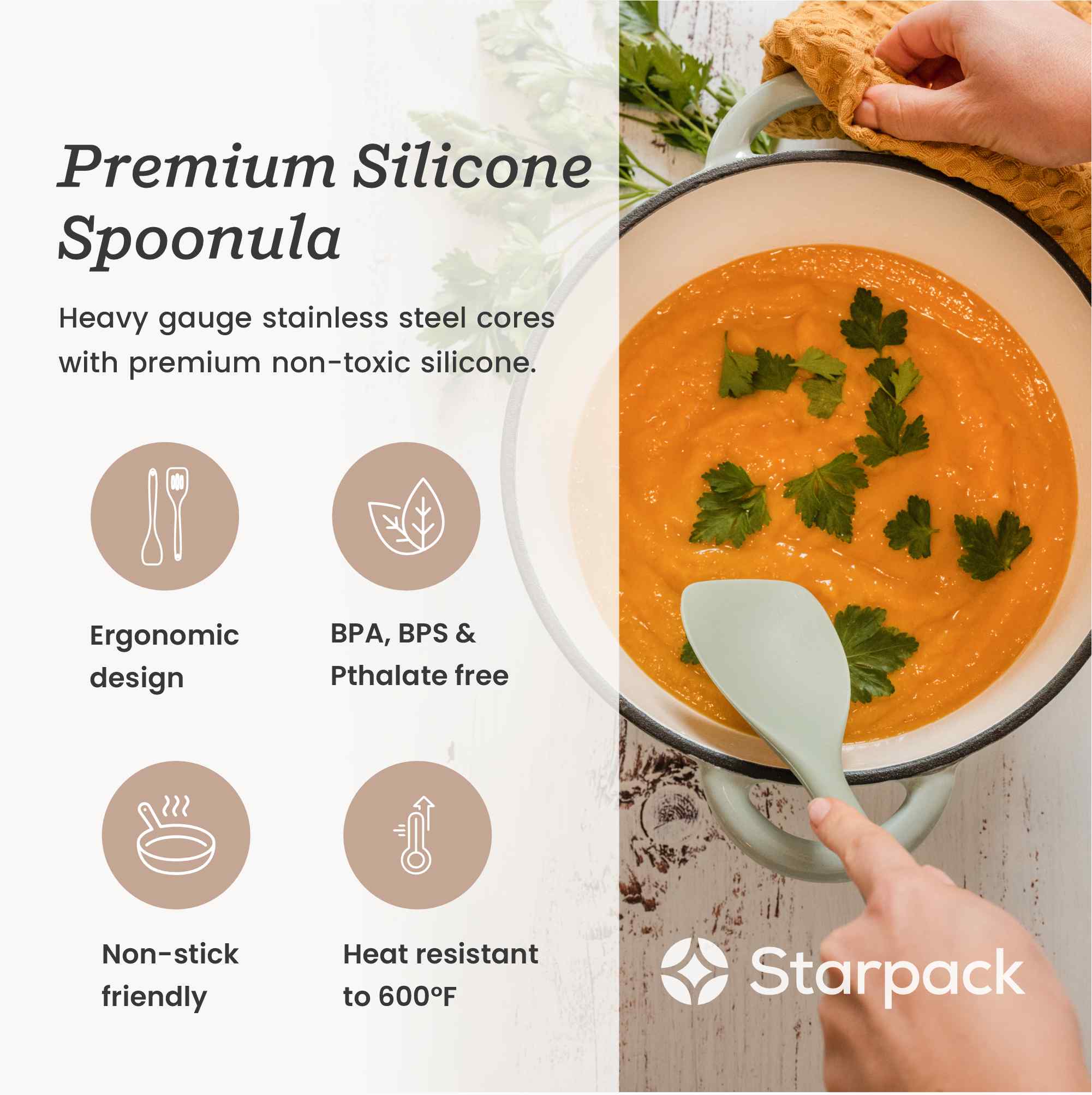 Starpack extra-large silicone spoonula with a flexible, non-stick head, combining the functions of a spoon and spatula, ideal for mixing and scooping.