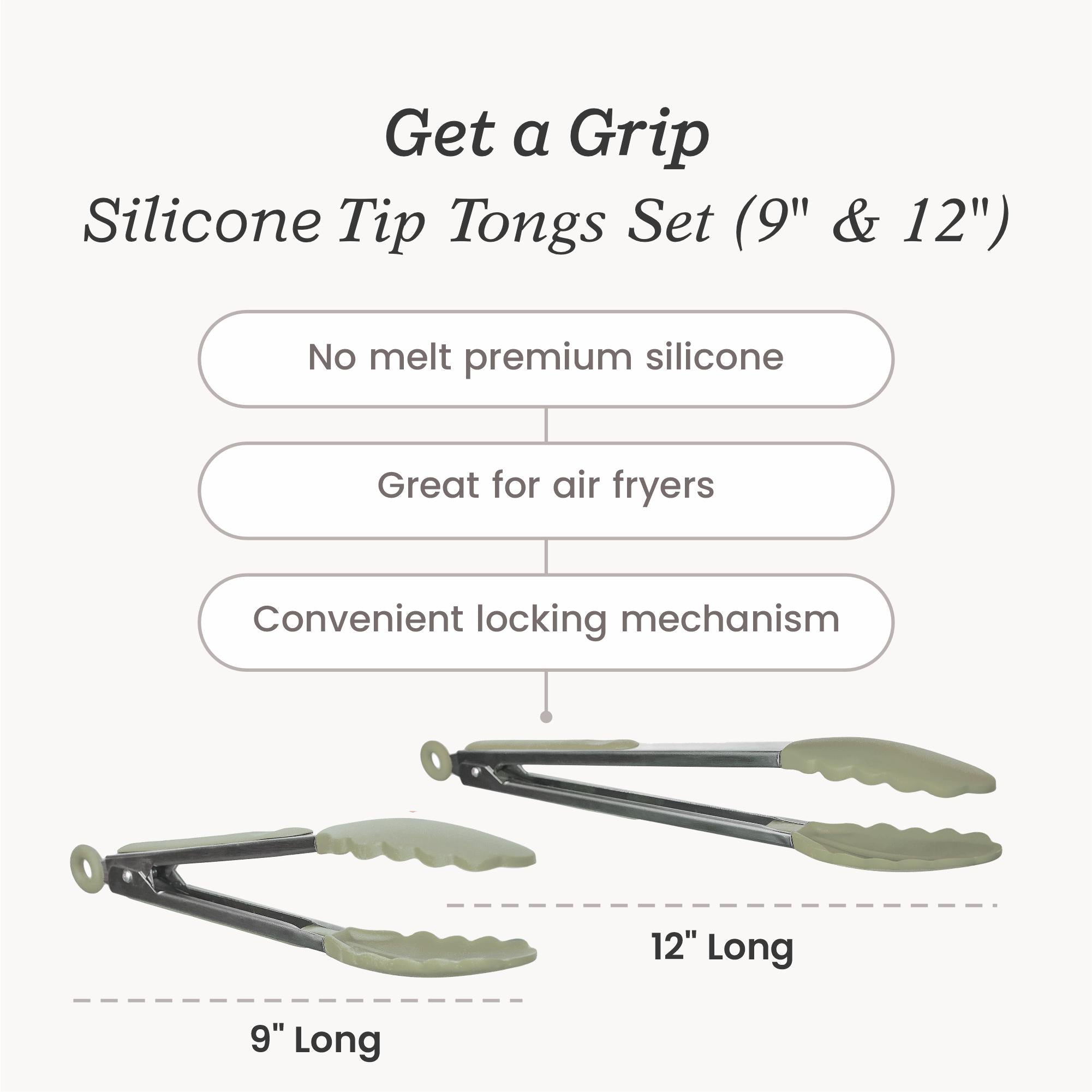 Starpack 2-pack silicone tongs with heat-resistant tips and locking mechanisms, ideal for grilling and serving a variety of foods.