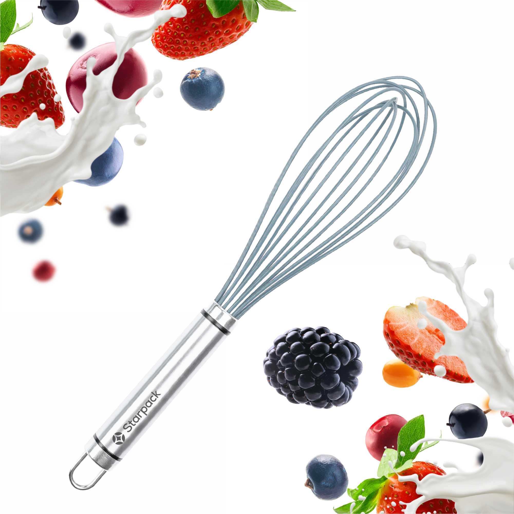 Starpack silicone whisk with flexible, heat-resistant wires and a comfortable handle, ideal for mixing and beating ingredients.