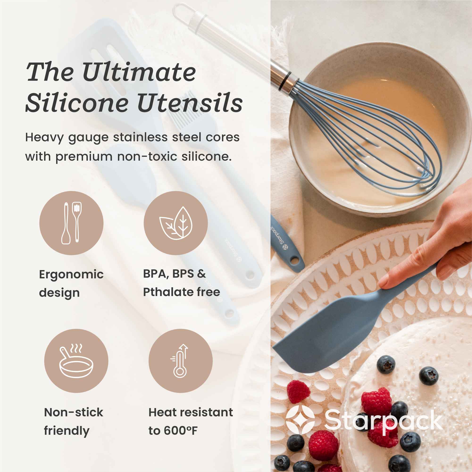 Starpack silicone whisk with flexible, heat-resistant wires and a comfortable handle, ideal for mixing and beating ingredients.