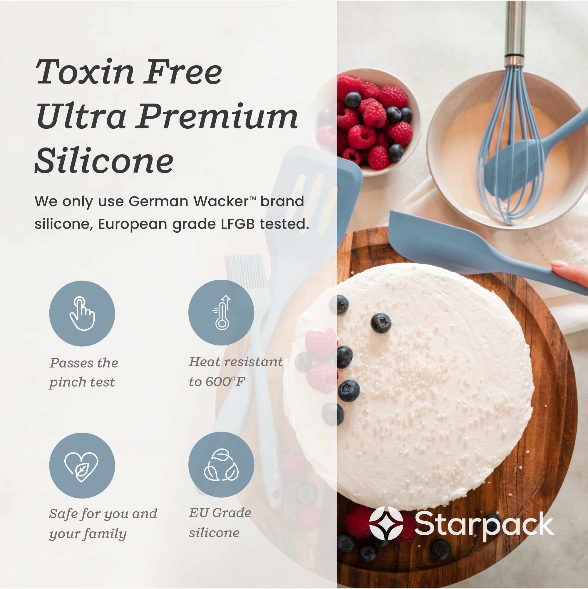 Starpack silicone whisk with flexible, heat-resistant wires and a comfortable handle, ideal for mixing and beating ingredients.