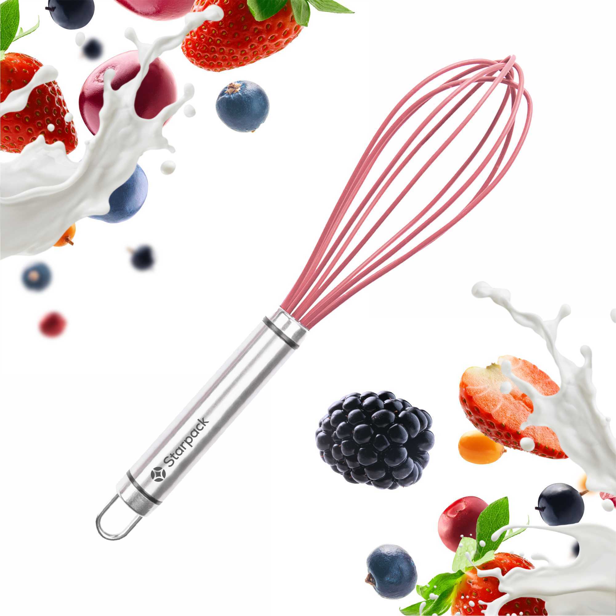 Starpack silicone whisk with flexible, heat-resistant wires and a comfortable handle, ideal for mixing and beating ingredients.