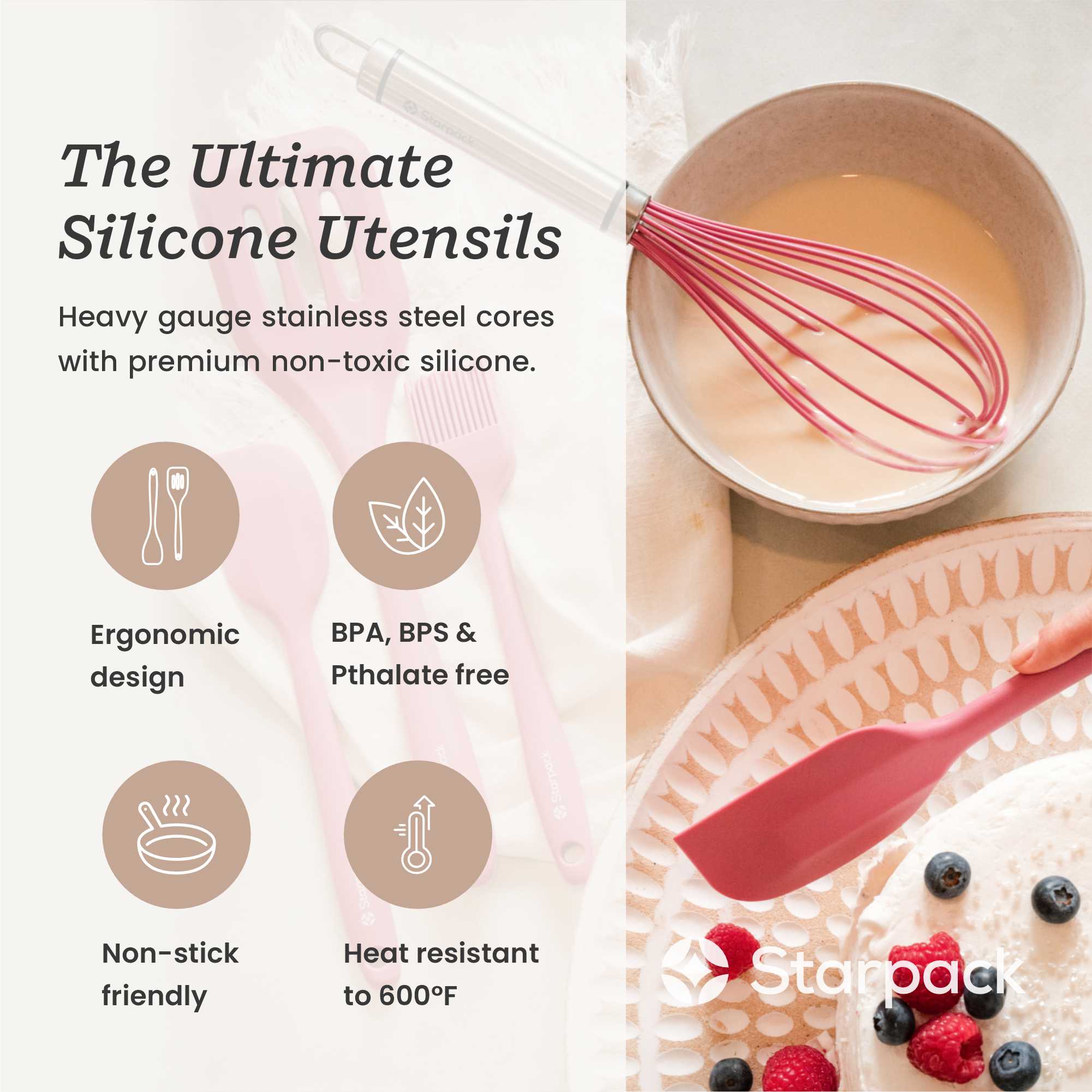 Starpack silicone whisk with flexible, heat-resistant wires and a comfortable handle, ideal for mixing and beating ingredients.