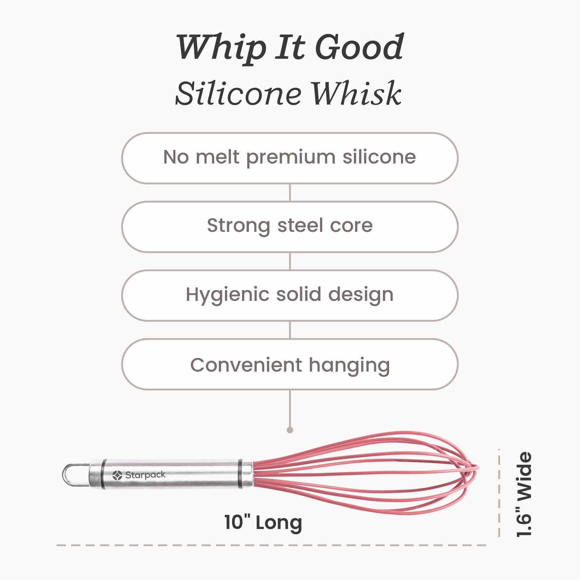 Starpack silicone whisk with flexible, heat-resistant wires and a comfortable handle, ideal for mixing and beating ingredients.