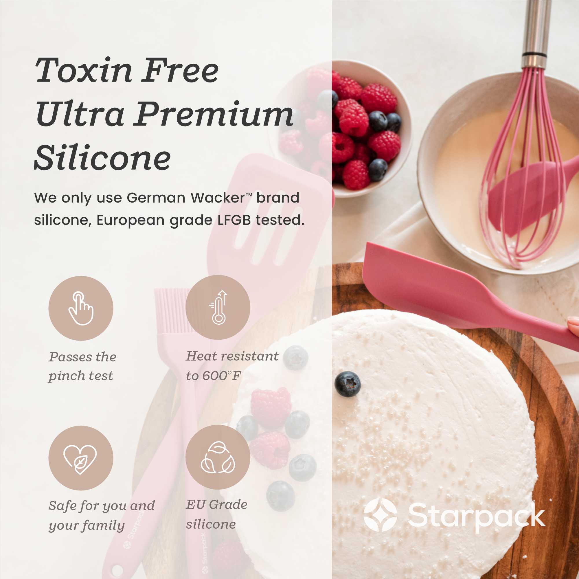 Starpack silicone whisk with flexible, heat-resistant wires and a comfortable handle, ideal for mixing and beating ingredients.