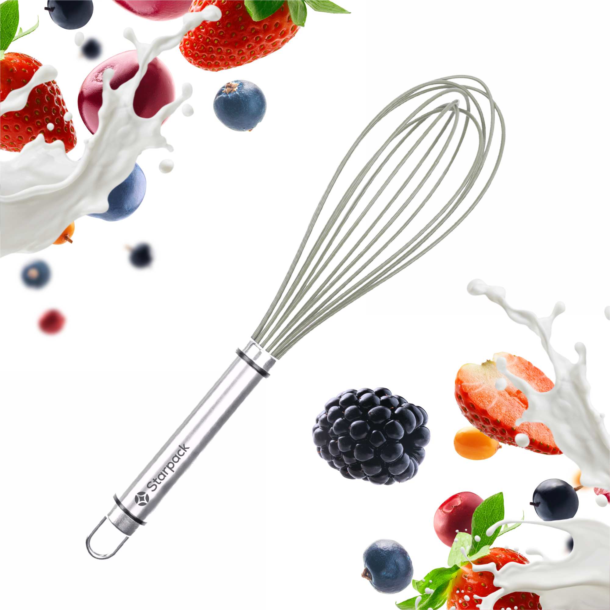 Starpack silicone whisk with flexible, heat-resistant wires and a comfortable handle, ideal for mixing and beating ingredients.
