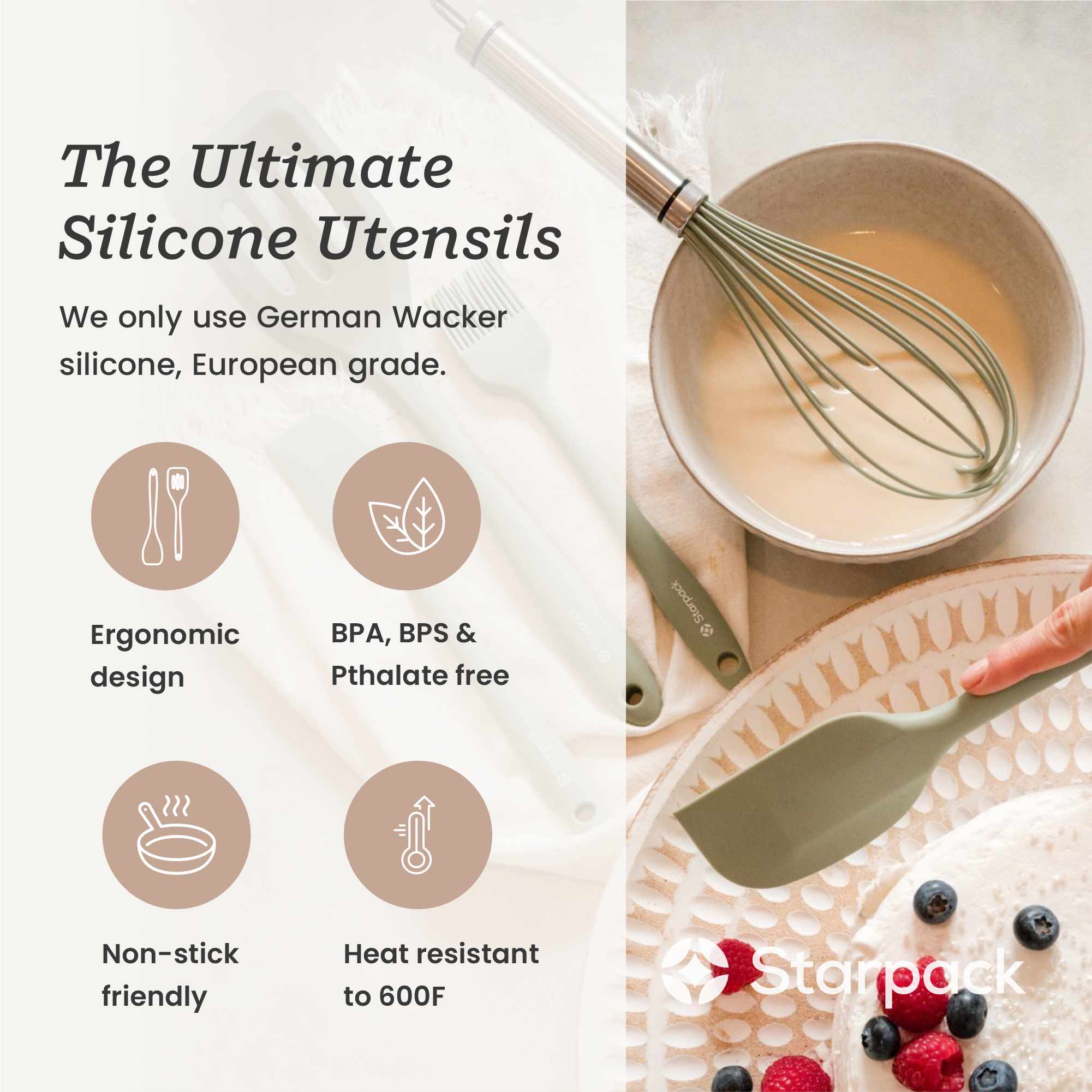 Starpack silicone whisk with flexible, heat-resistant wires and a comfortable handle, ideal for mixing and beating ingredients.