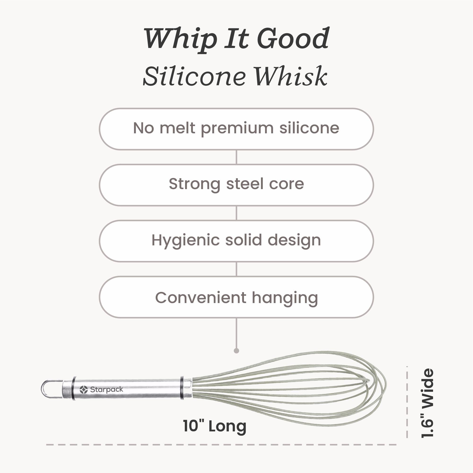 Starpack silicone whisk with flexible, heat-resistant wires and a comfortable handle, ideal for mixing and beating ingredients.