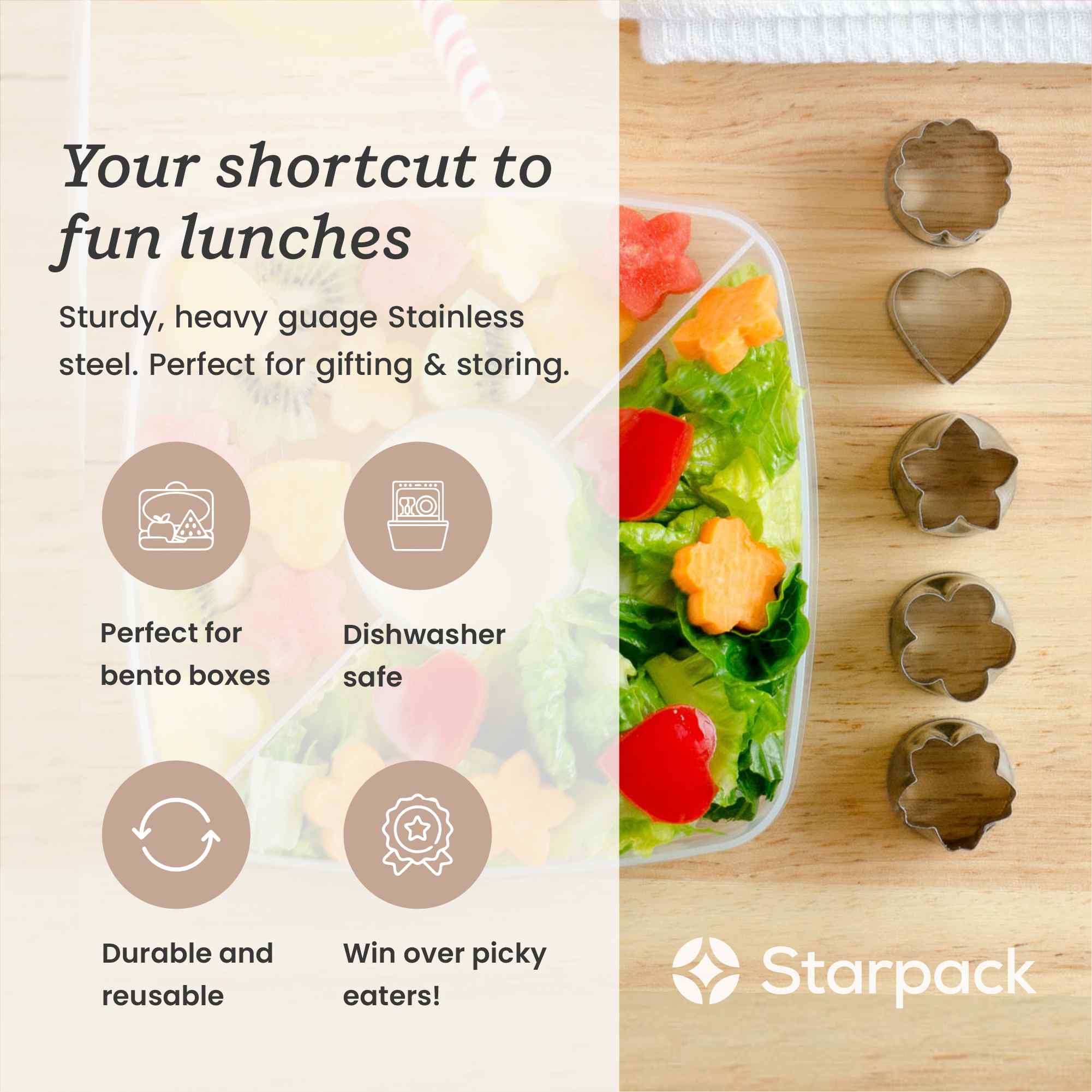 Starpack vegetable cutters in various shapes, designed for creating fun and decorative cuts in vegetables and fruits.