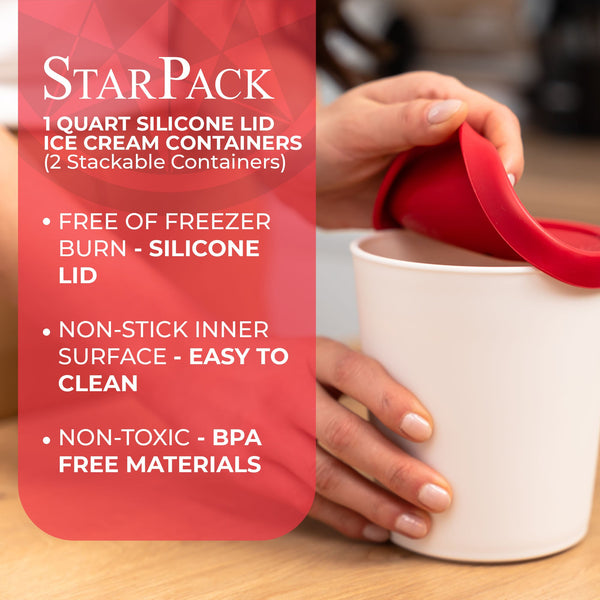 StarPack 2x Ice Cream Containers for Homemade Ice Cream (1 Liter Each) & 1x  Long Scoop Reusable Ice Cream Containers - Silicone Ice Cream Containers