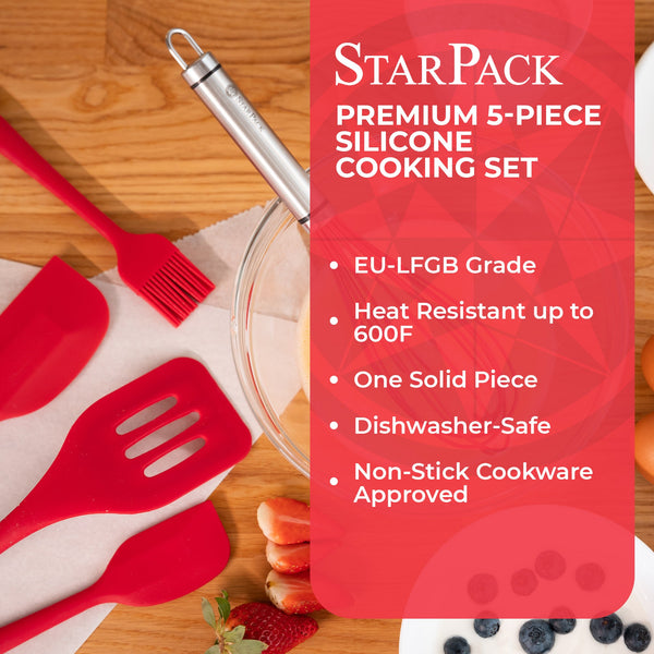 StarPack Premium Range Silicone Kitchen Utensils Set (5 Piece) in EU LFGB  Grade with Hygienic Solid Coating + Bonus 101 Cooking Tips