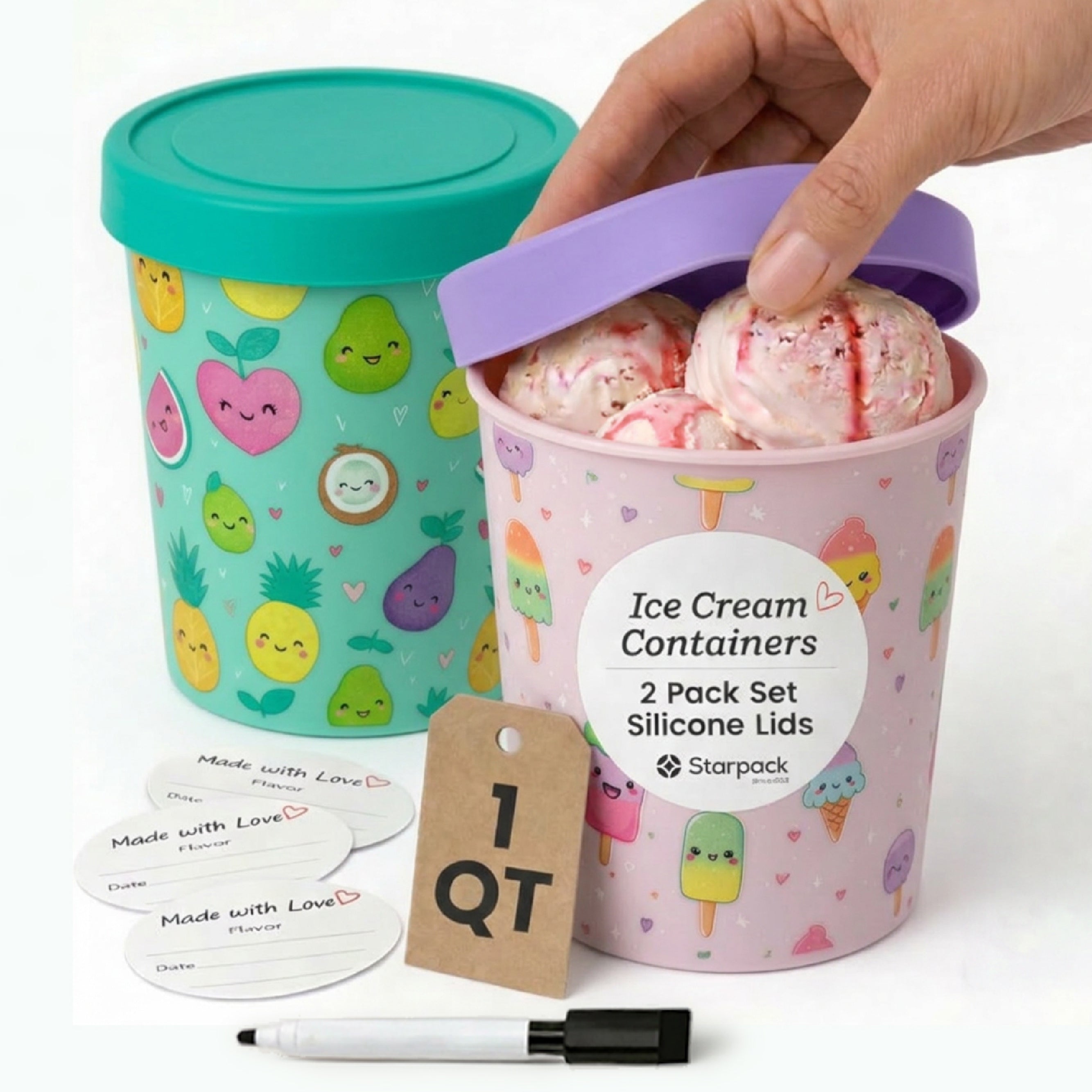 Freeze the Day | Ice Cream Freezer Container 1Qt Set of 2 - Purple &amp; Green | Purple / Green