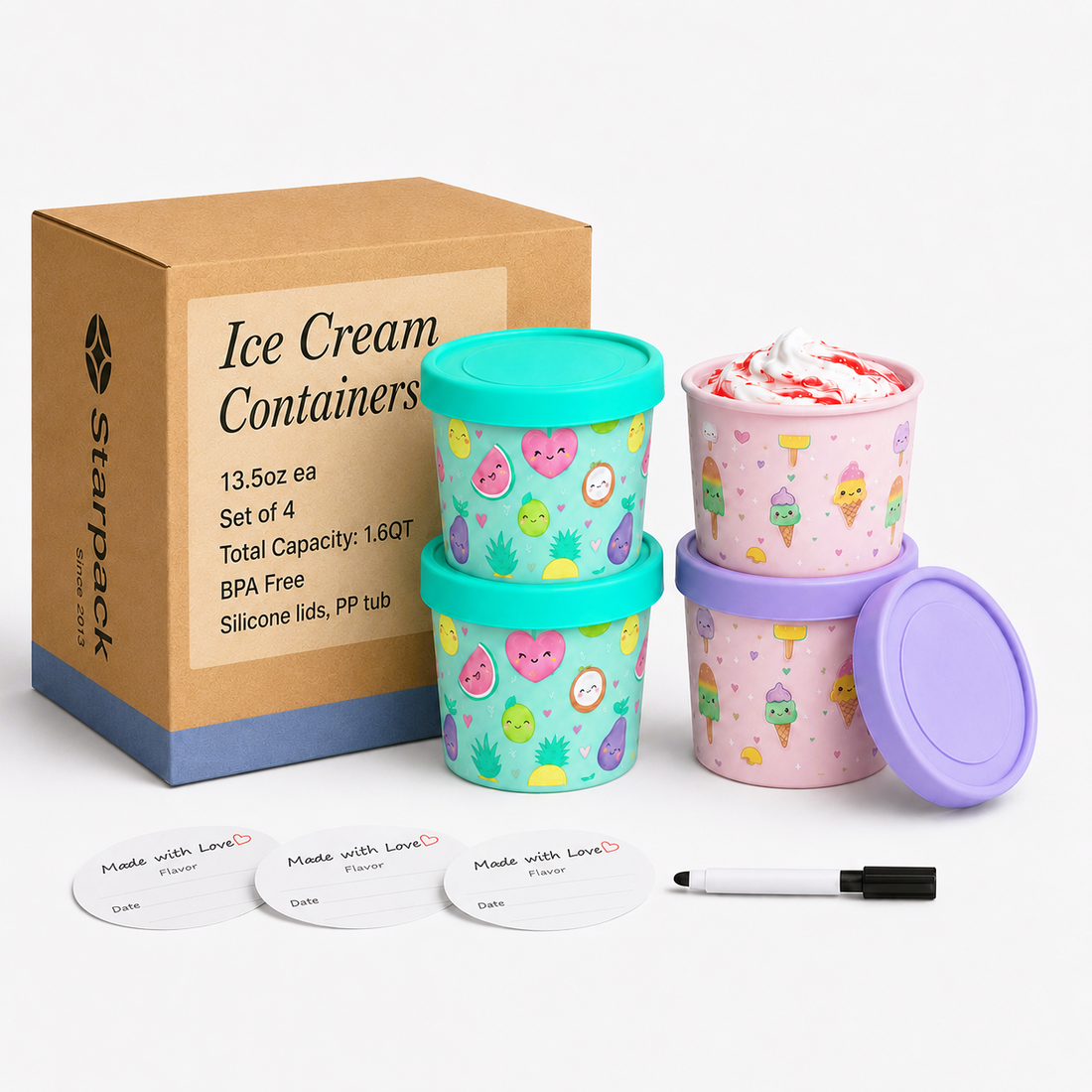 Freeze the Day | Ice Cream Freezer Container 13.5oz Set of 4 | Purple / Green