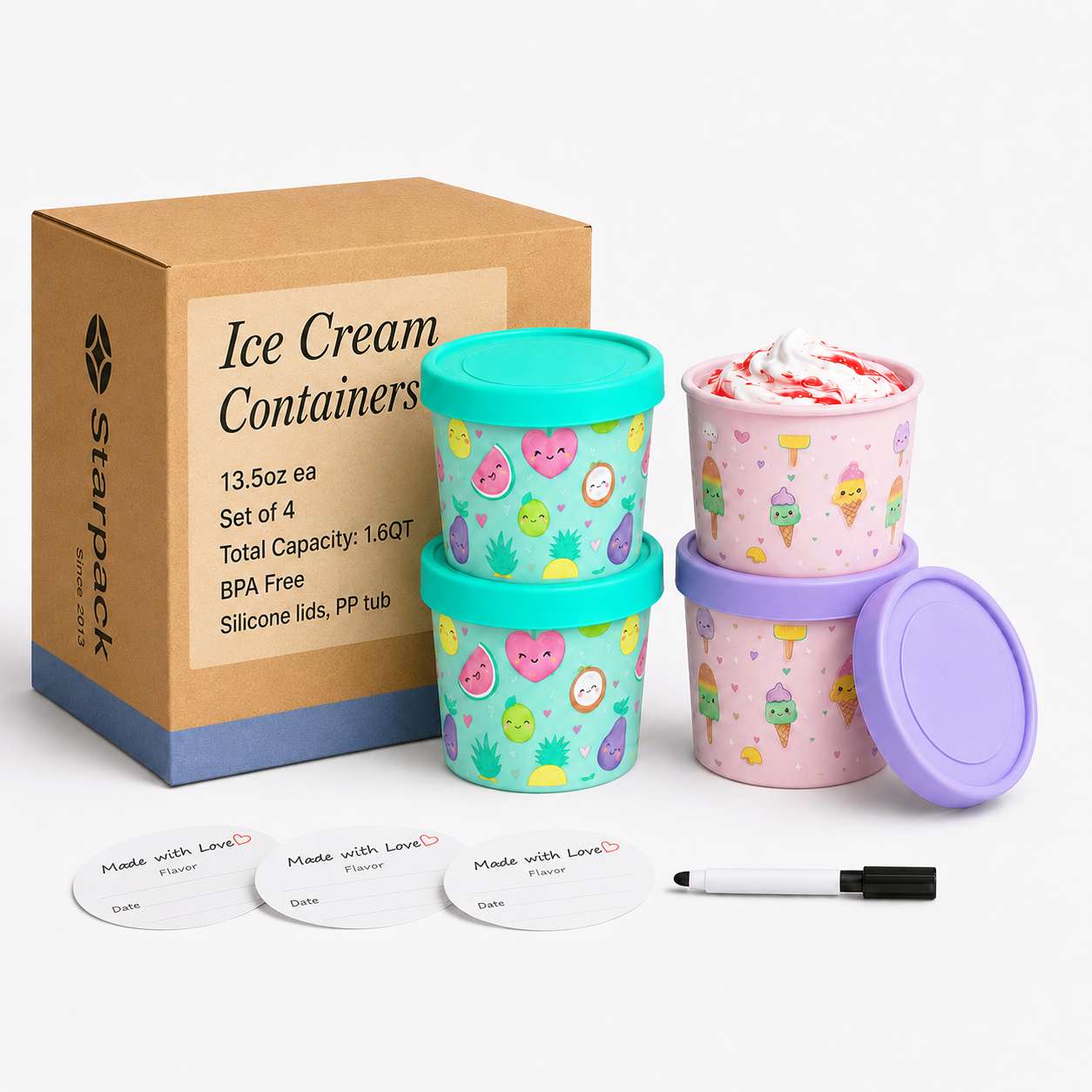 Freeze the Day | Ice Cream Freezer Container 13.5oz Set of 4 | Purple / Green