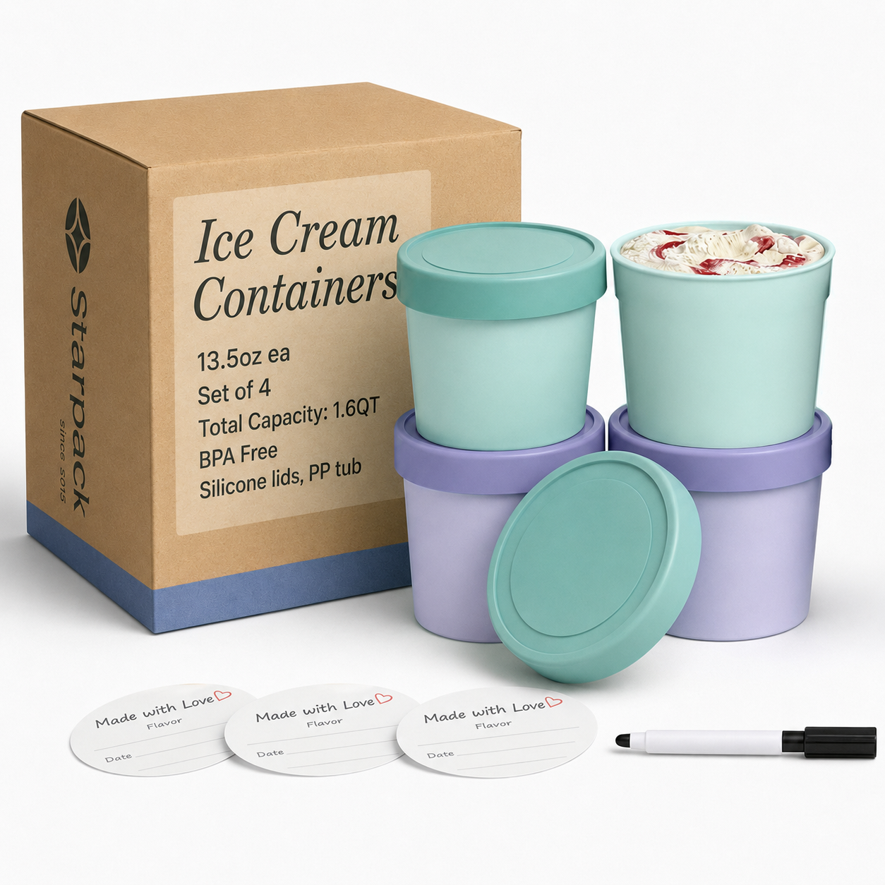 Freeze the Day | Ice Cream Freezer Container 13.5oz Set of 4 | Mint / Lavender