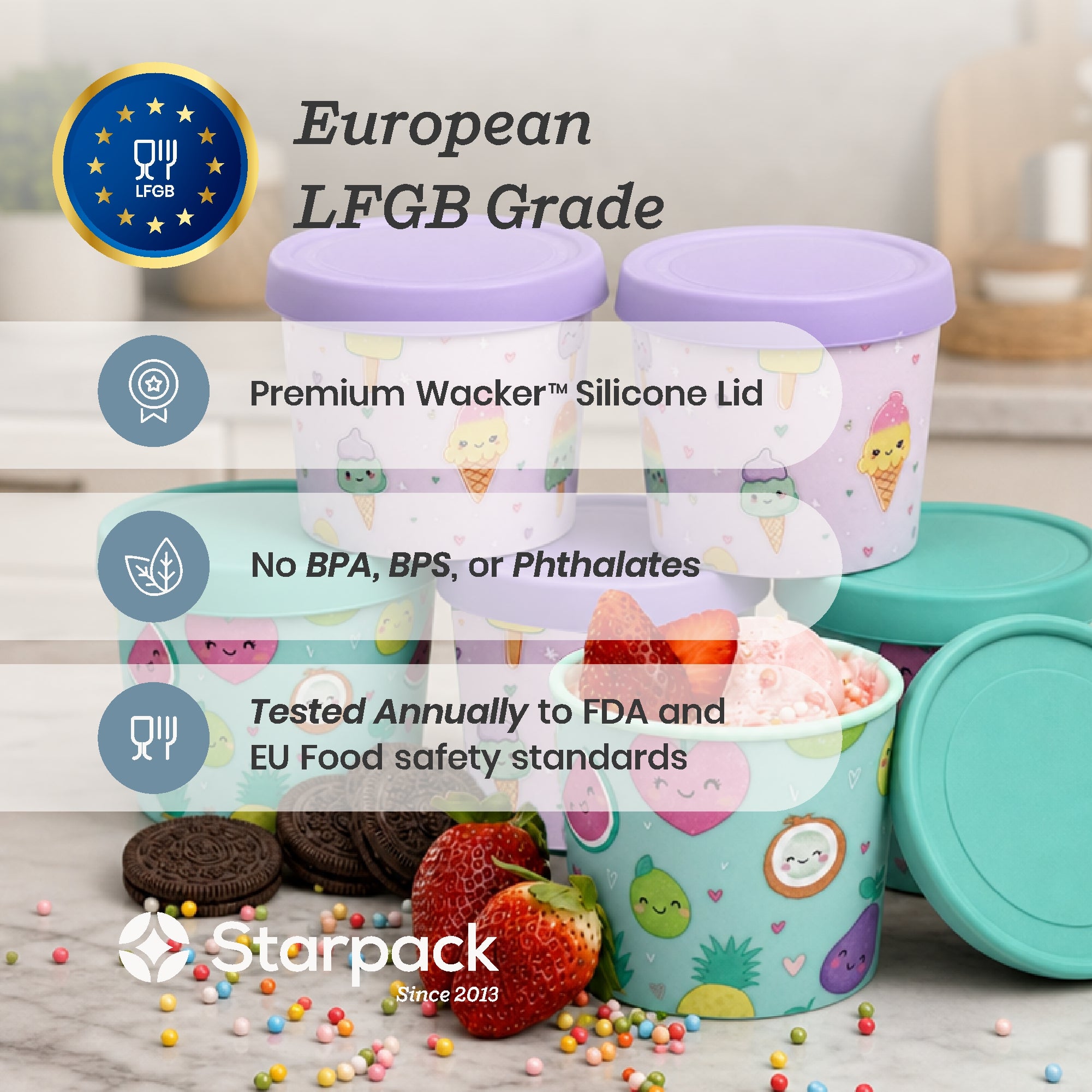 Freeze the Day | Ice Cream Freezer Container 13.5oz Set of 6 | Purple / Green