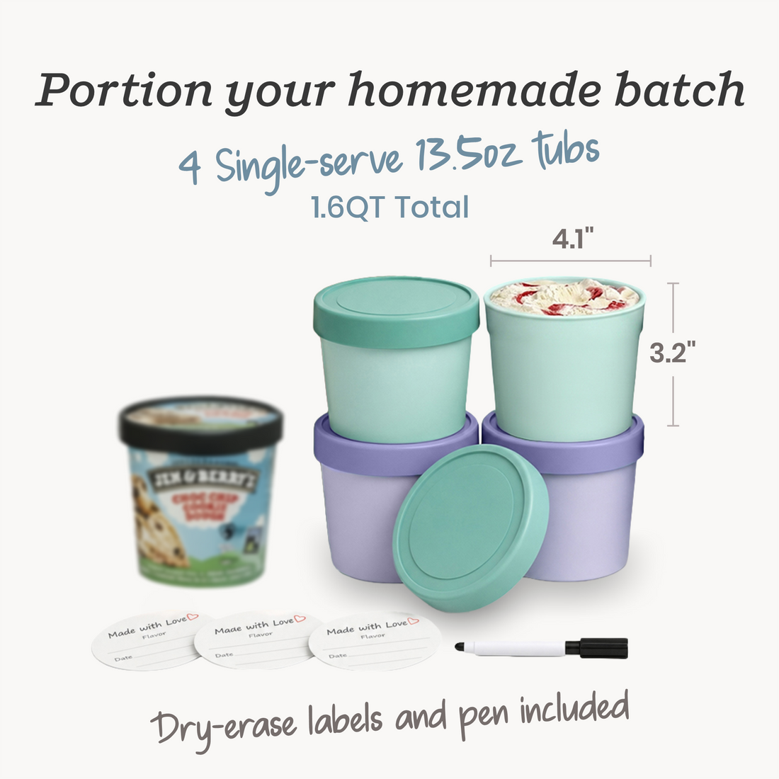 Freeze the Day | Ice Cream Freezer Container 13.5oz Set of 4 | Mint / Lavender