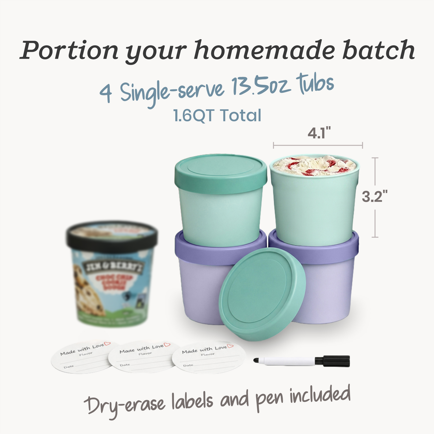 Freeze the Day | Ice Cream Freezer Container 13.5oz Set of 4 | Mint / Lavender