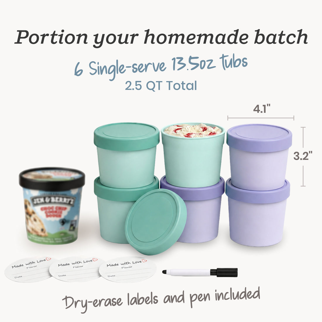 Freeze the Day | Ice Cream Freezer Container 13.5oz Set of 6 | Mint / Lavender
