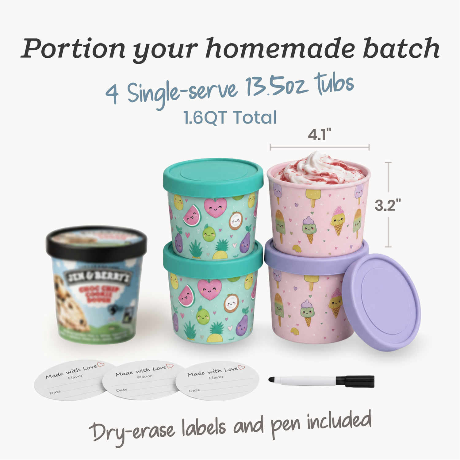 Freeze the Day | Ice Cream Freezer Container 13.5oz Set of 4 | Purple / Green