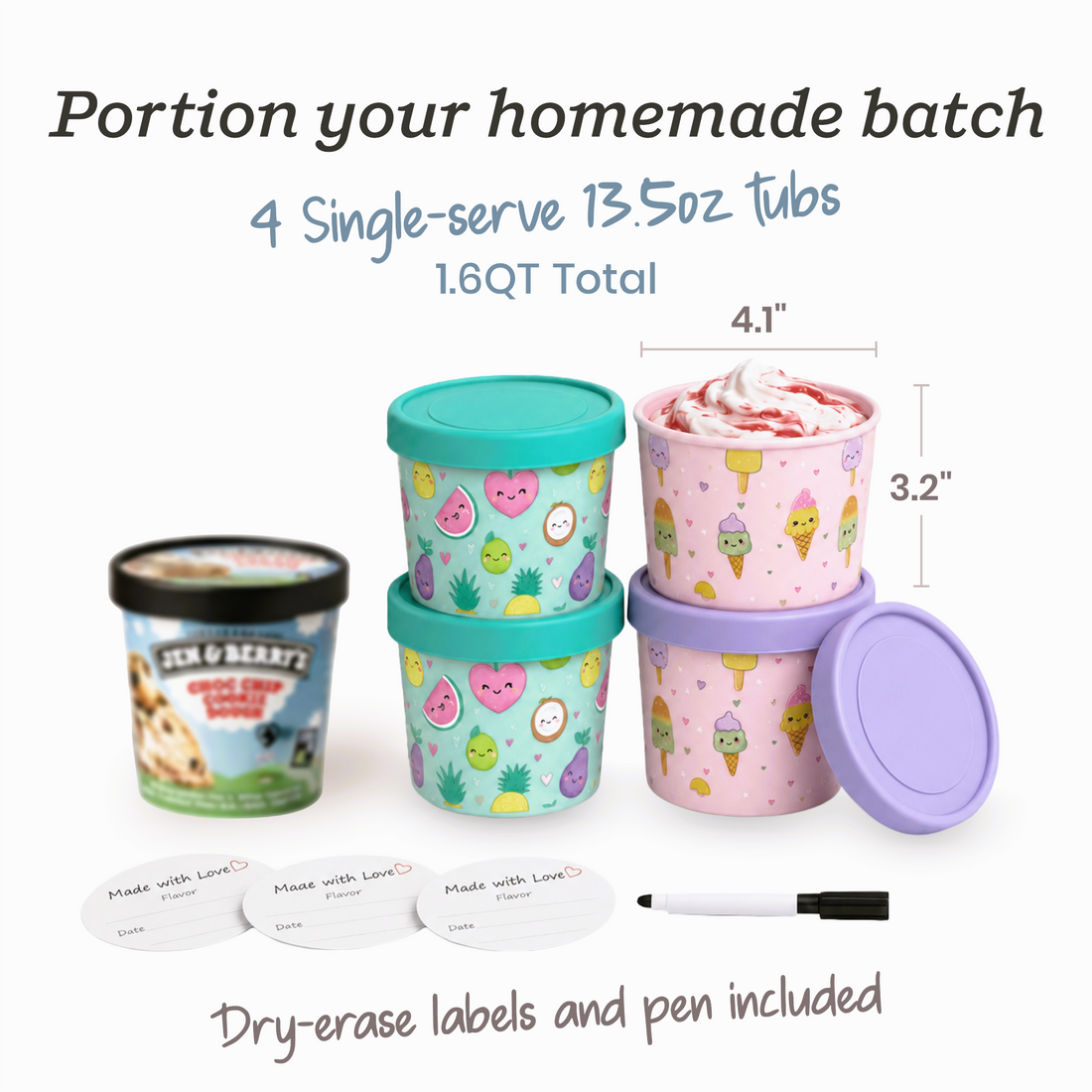 Freeze the Day | Ice Cream Freezer Container 13.5oz Set of 4 | Purple / Green