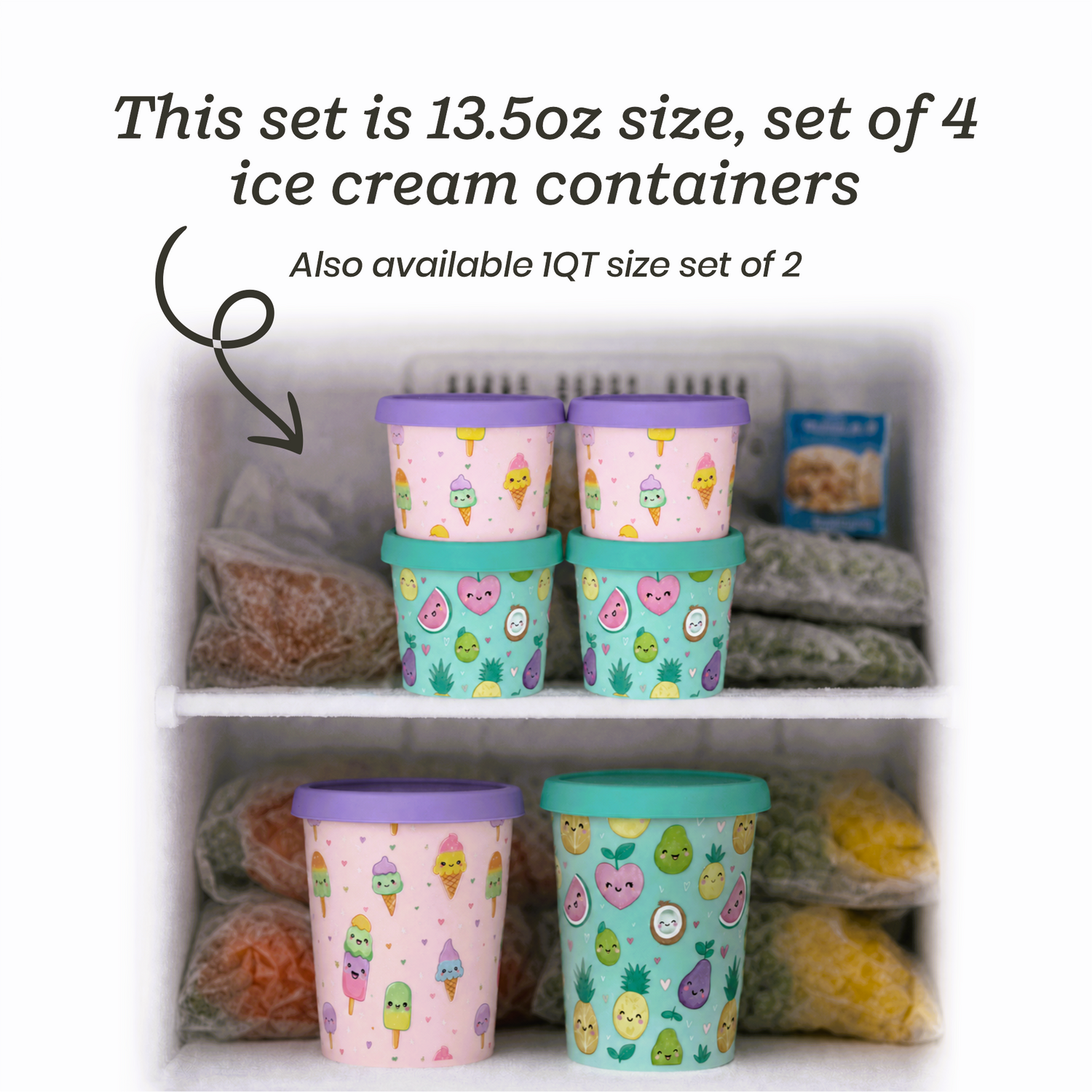 Freeze the Day | Ice Cream Freezer Container 13.5oz Set of 4 | Purple / Green