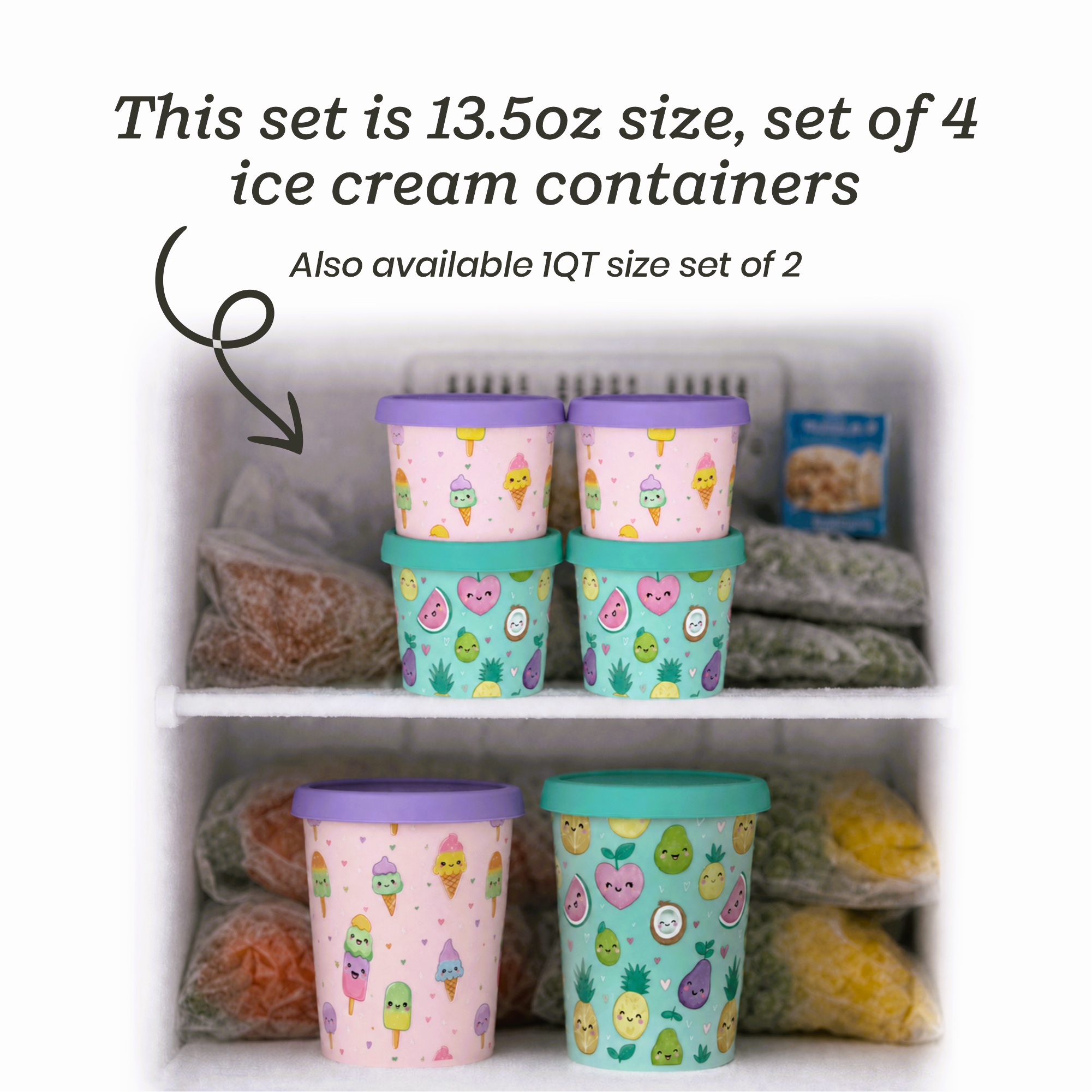 Freeze the Day | Ice Cream Freezer Container 13.5oz Set of 4 | Purple / Green