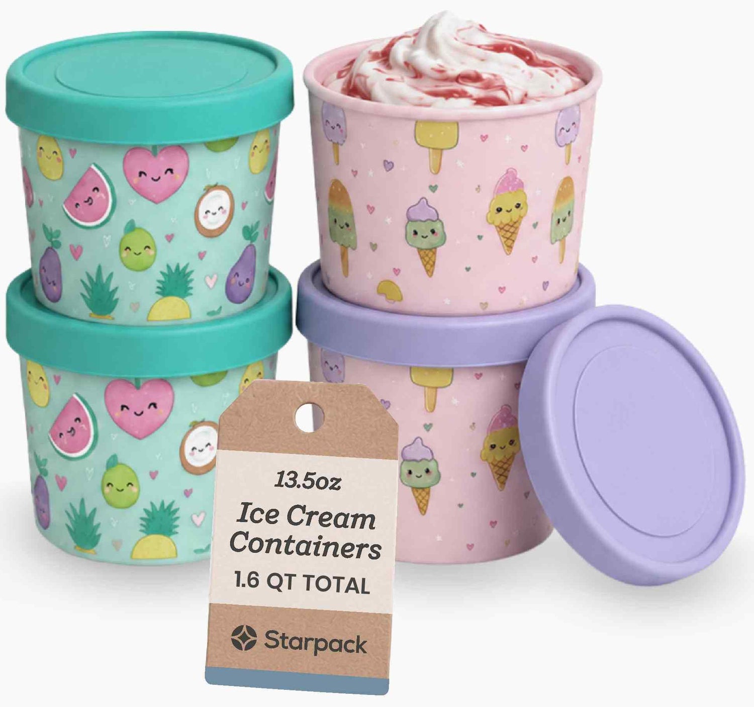 Freeze the Day | Ice Cream Freezer Container 13.5oz Set of 4 |  Kawaii Pink &amp; Green