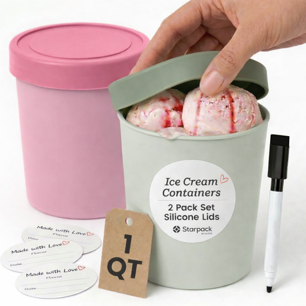 Freeze the Day | Ice Cream Freezer Lids 1Qt Set of 2 with Pens | Sage / Pink