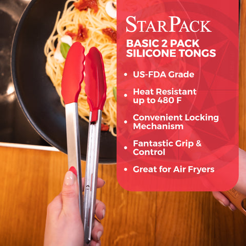 StarPack Basics Silicone Kitchen Tongs (9-Inch & 12-Inch) - Stainless Steel  with Non-Stick Silicone Tips, High Heat Resistant to 480°F, For Cooking